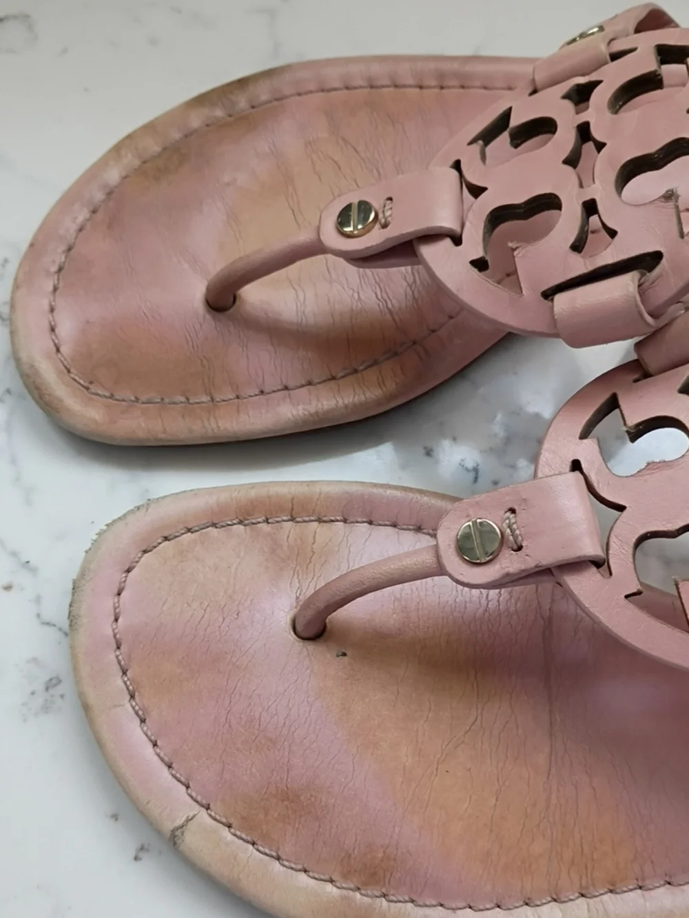 Tory Burch Miller Women's Pink Leather Toe-Post Sandals